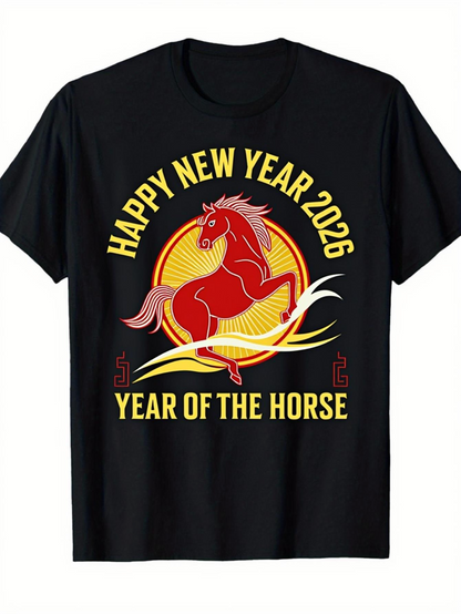 Men's Graphic T-Shirt Happy New Year 2026 Radiant Sunrise Featuring Red Running Majestic Horse