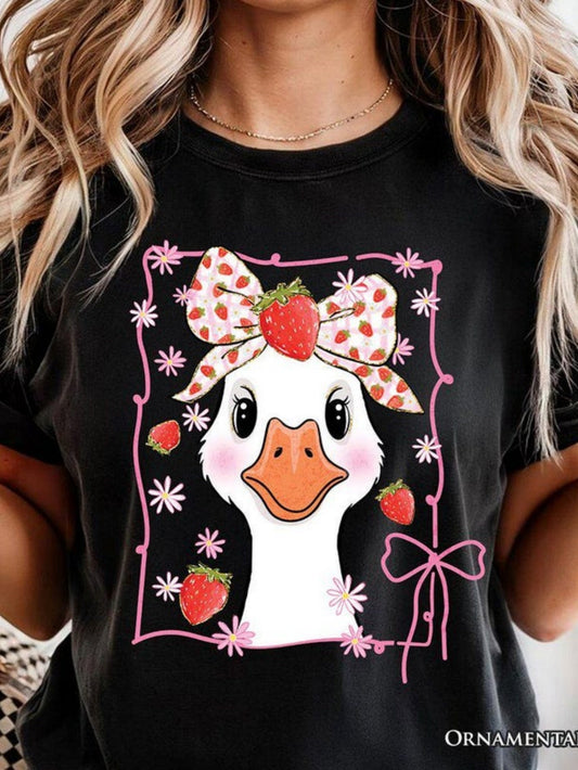 Women's Graphic T-Shirt Whimsical Flowers With Dotted Bow Among Sweet Strawberries Goose