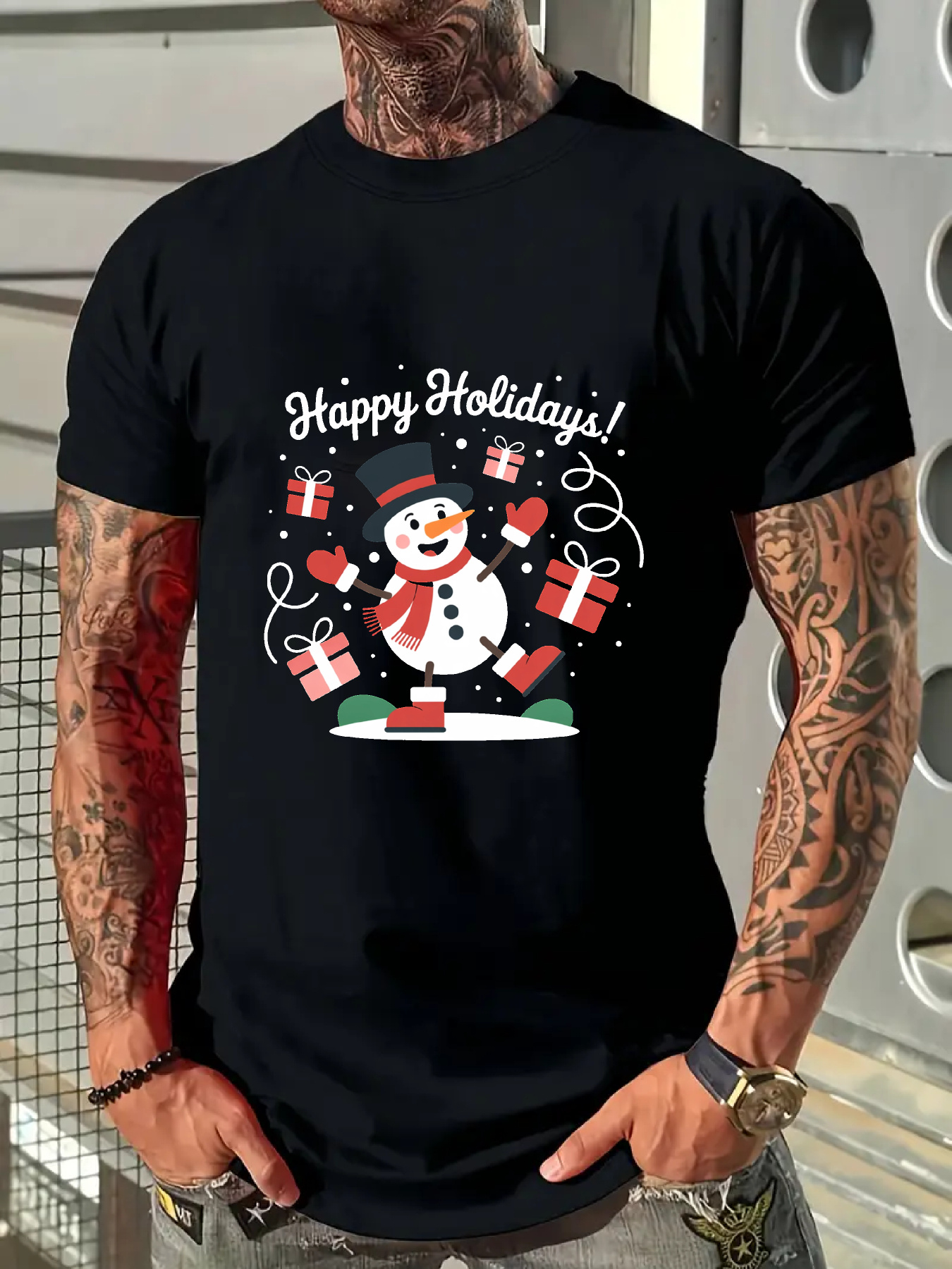 Men's Graphic T-Shirt Happy Holidays Playful Snowman With Gifts Falling And Festive Sparkles