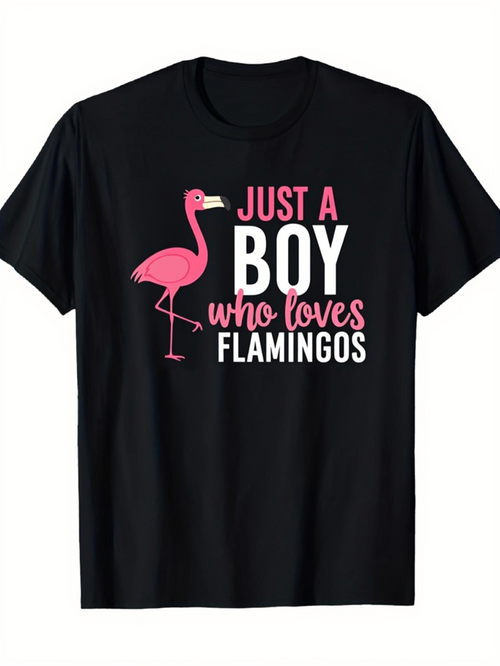 Men's Graphic T-Shirt Just A Boy Who Loves Flamingos Pink Bird Standing Beside Large Printed Letters Flamingo