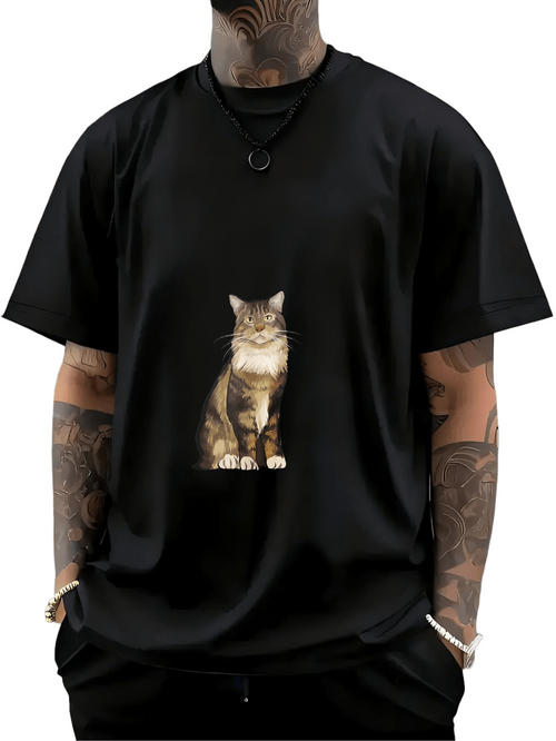 Men's Graphic T-Shirt Soft Fur Realistic Style Sitting Brown Tabby Cat