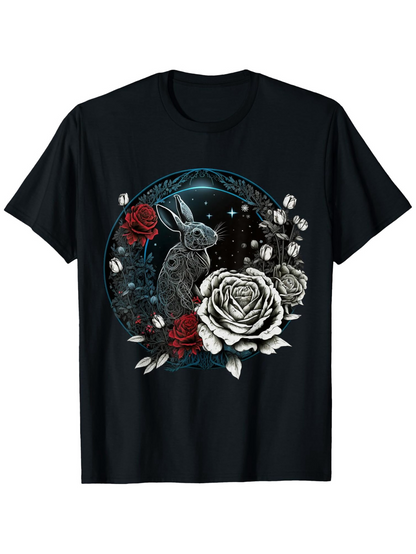 Men's Graphic T-Shirt Starry Night With Roses Surrounding A Gentle Rabbit