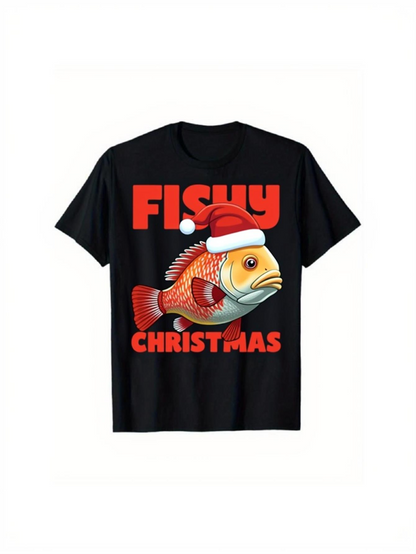 Men's Graphic T-Shirt Fishy Christmas Red Festive Hat Cartoon Swimming Fish