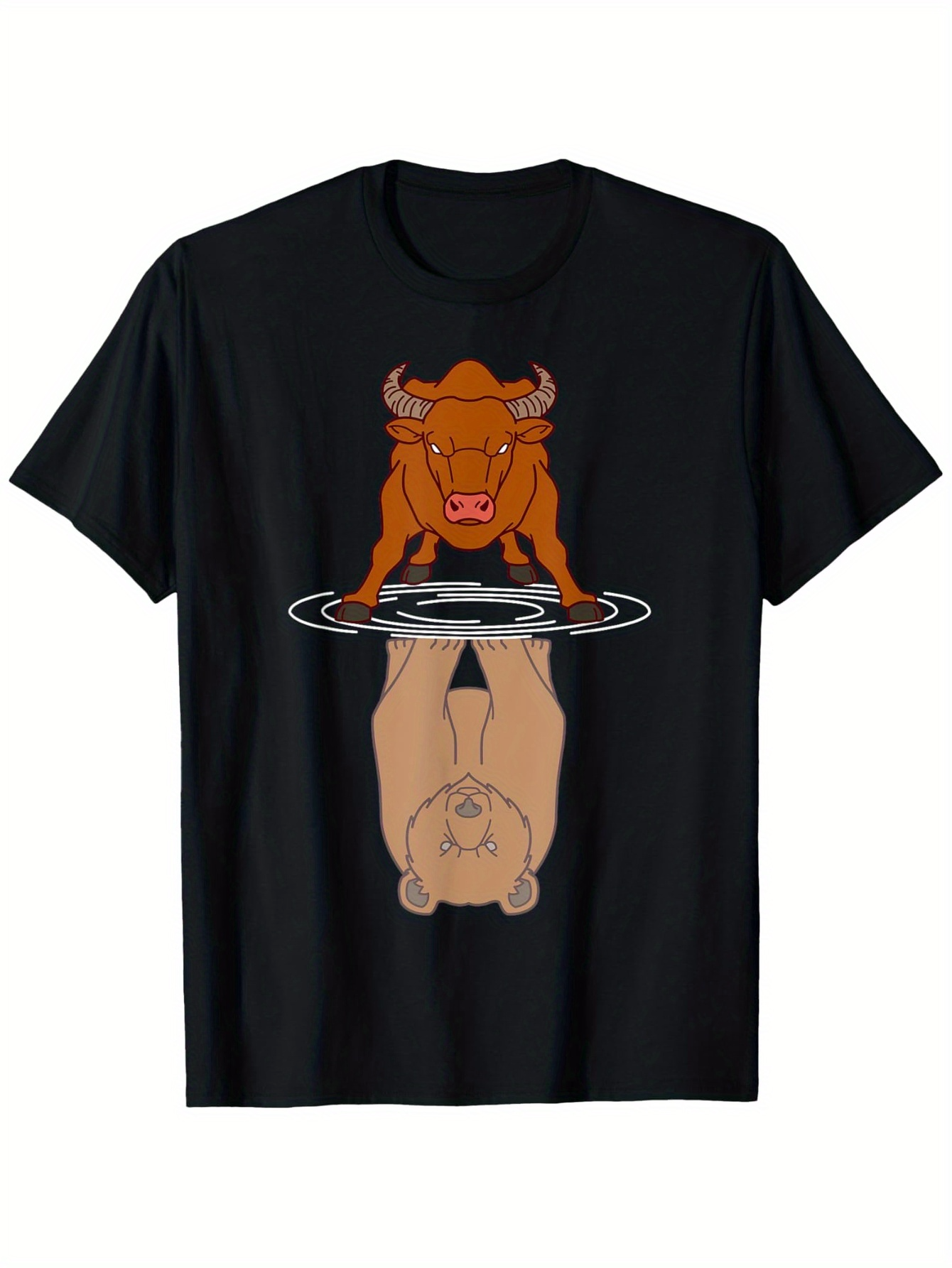 Men's Graphic T-Shirt Reflective Ripple Illustration With Bull Standing Over Calm Bear