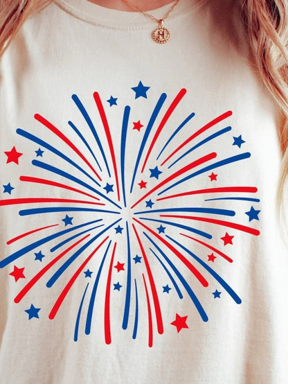 Men's Graphic T-Shirt Radiant Bursting Fireworks With Red And Blue Scattered Stars