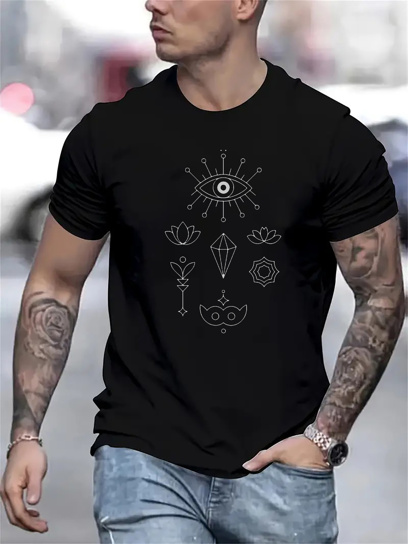 Men's Graphic T-Shirt Mystic Symbols With Floral Patterns Under Shining Eye Motif