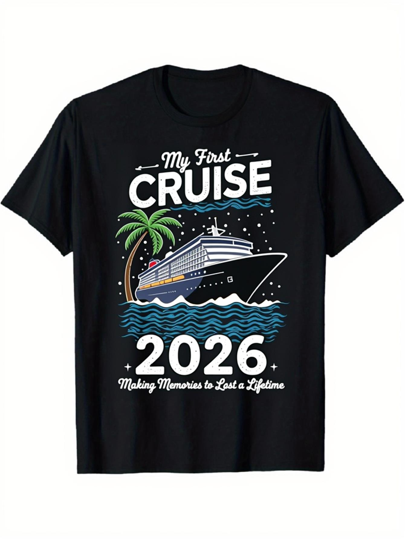 Men's Graphic T-Shirt My First Cruise Ocean Waves With Palm Tree And Large Ship