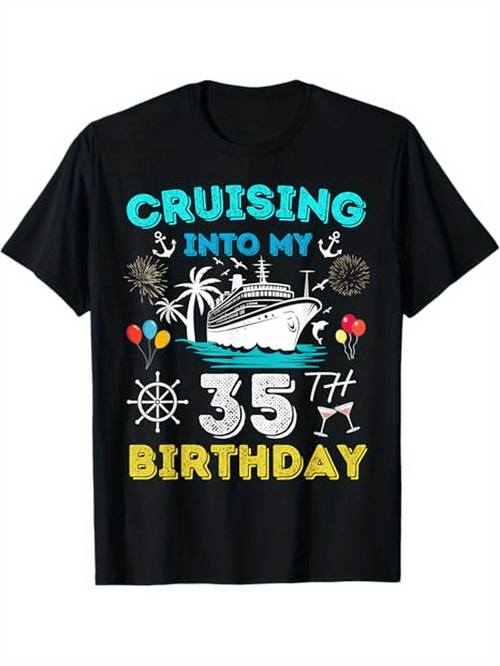Men's Graphic T-Shirt Cruising Into My Thirty Fifth Birthday With Balloons Fireworks And Ship