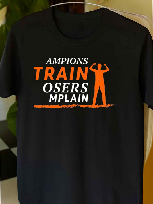 Men's Graphic T-Shirt Orange Silhouette With Motivational Text And Flexing Athlete Figure