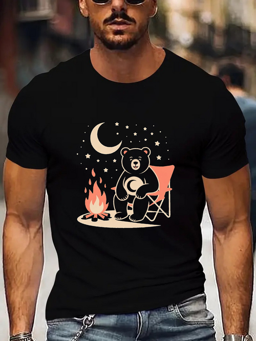 Men's Graphic T-Shirt Crescent Moonlit Night With Bear Sitting By Campfire
