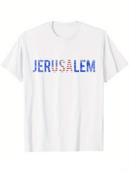 Men's Graphic T-Shirt Jerusalem Bold Blue Lettering With Subtle Striped Letter Print Shirt