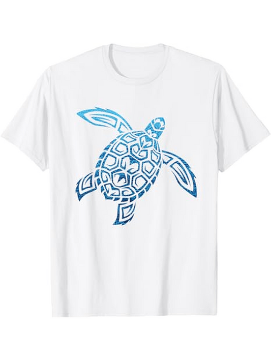Men's Graphic T-Shirt Abstract Blue Waves Patterned Ocean Sea Turtle