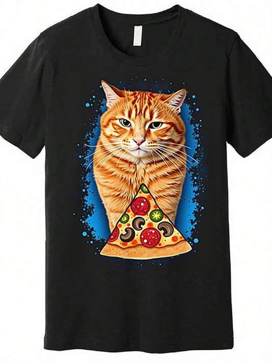 Men's Graphic T-Shirt Golden Brown Cat Surrounded By Blue Sparkles With Pizza Slice