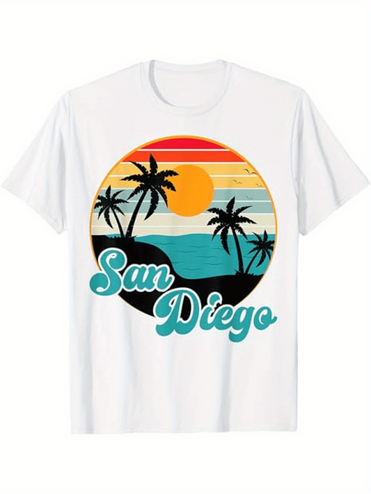 Men's Graphic T-Shirt San Diego Retro Sunset With Palm Trees And Rolling Waves Beach