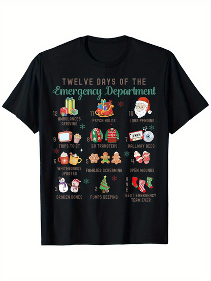 Men's Graphic T-Shirt Twelve Days Of The Emergency Department With Christmas Holiday Elements On Black Shirt
