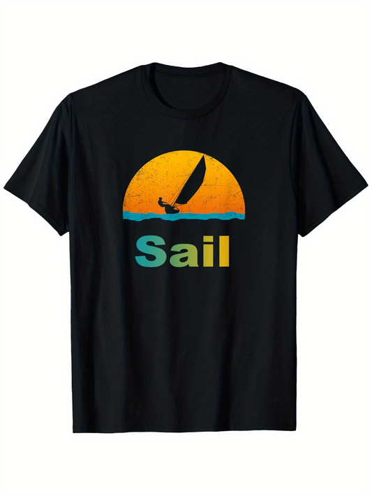 Men's Graphic T-Shirt Sail Sunset With Blue Water Under Yellow Orange Sky Sailboat