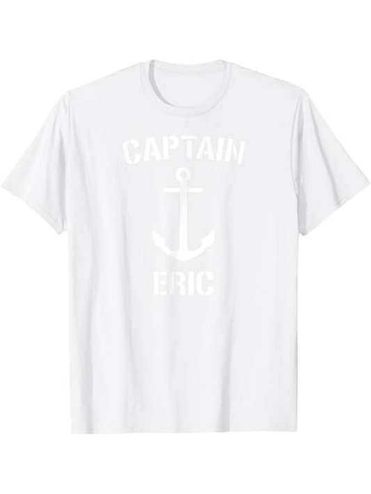 Men's Graphic T-Shirt Captain Eric Bold Letters With Nautical Anchor Symbol On White T Shirt