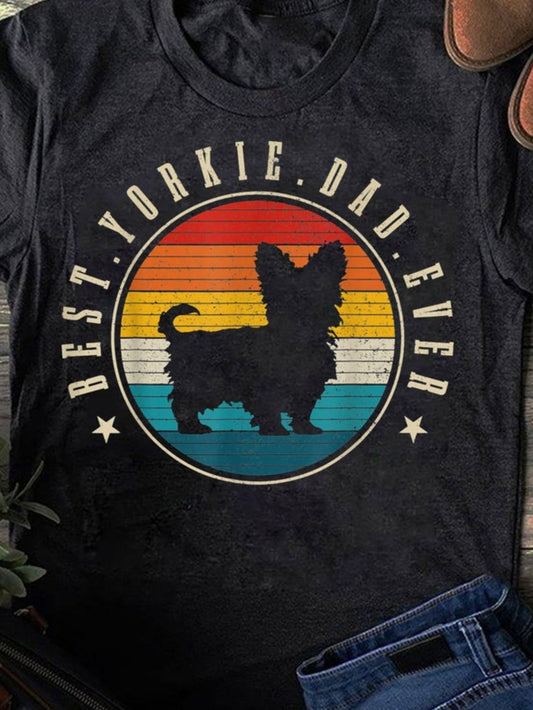 Men's Graphic T-Shirt Best Yorkie Dad Ever Retro Sunset With Silhouette Colorful Stripes Circle Dog