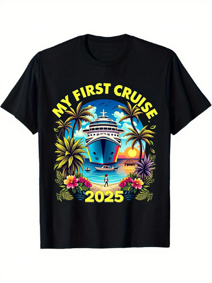 Men's Graphic T-Shirt My First Cruise With Palm Trees Beach Sunset And Ocean Ship