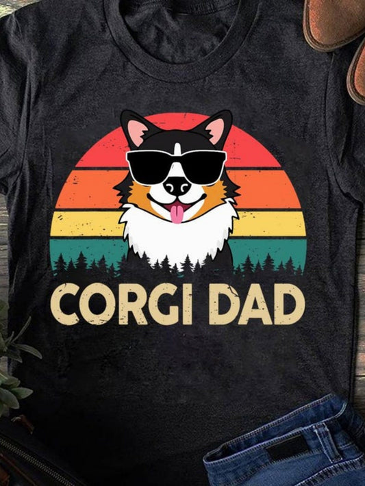 Men's Graphic T-Shirt Corgi Dad Retro Striped Sunset Background With Cool Sunglasses Wearing Corgi Dog