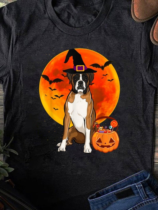 Men's Graphic T-Shirt Halloween Night Moon With Bats Pumpkin And Candy Sitting Dog