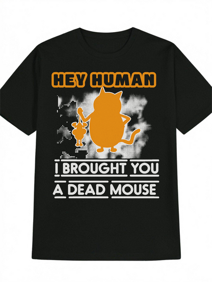 Men's Graphic T-Shirt Hey Human With Cat Holding Mouse Over Abstract Background Cat