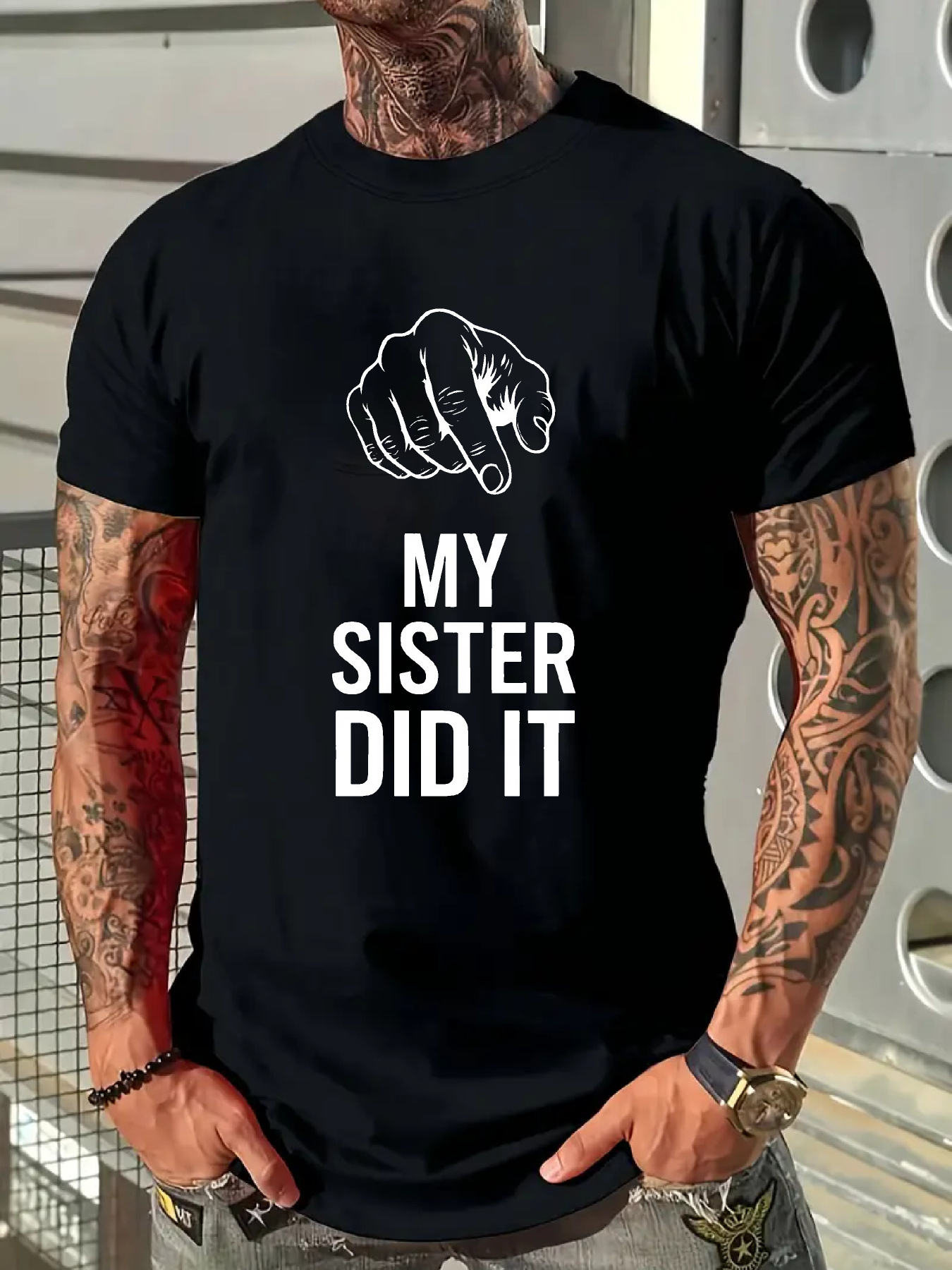 Men's Graphic T-Shirt My Sister Did It Cartoon Hand Pointing Illustration Statement