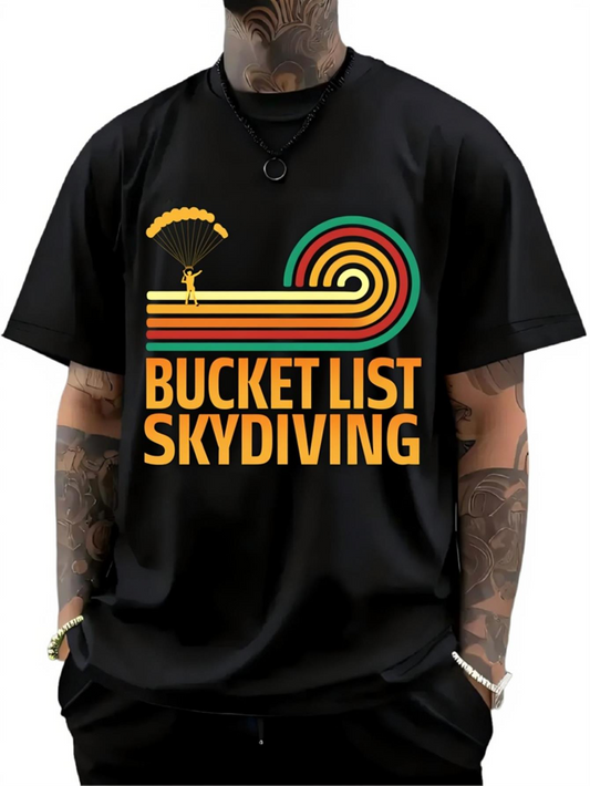 Men's Graphic T-Shirt Bucket List Skydiving Vibrant Retro Swirls With Parachute Landing Under Striped Rainbow Skydiver