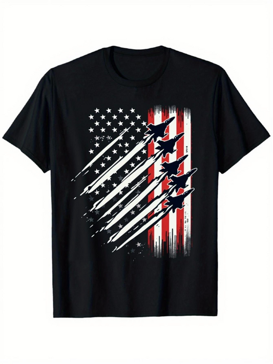 Men's Graphic T-Shirt Abstract American Flag With Fighter Jets In Dramatic Painted Streaks