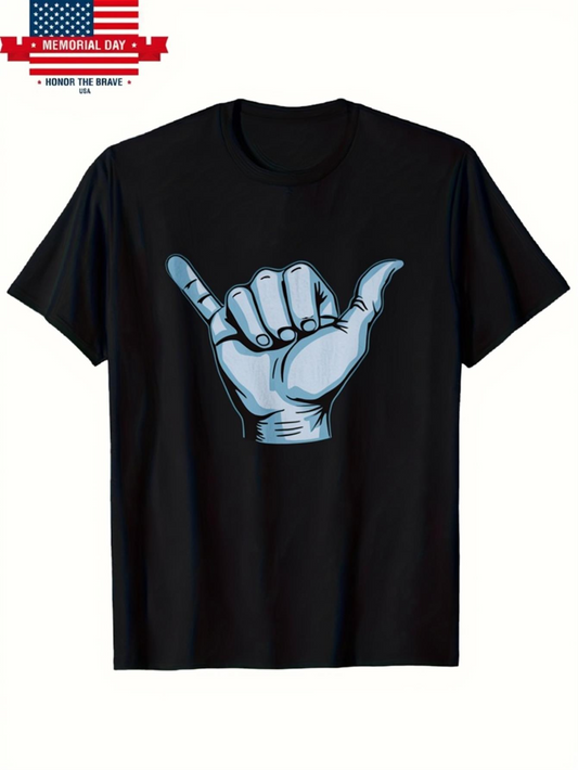 Men's Graphic T-Shirt Metallic Shine In Blue Hand Gesture On Black Shirt