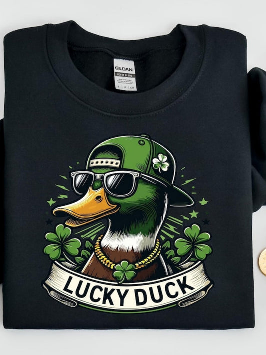 Men's Graphic T-Shirt Lucky Duck With Sunglasses Gold Chain Surrounded By Four Leaf Clovers Duck