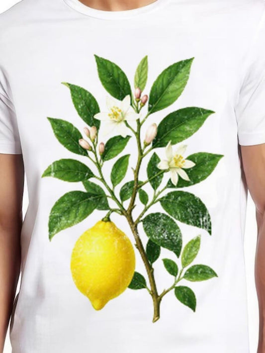 Men's Graphic T-Shirt Vivid Lush Botanical Sprigs With Blossoms And Ripe Yellow Lemon