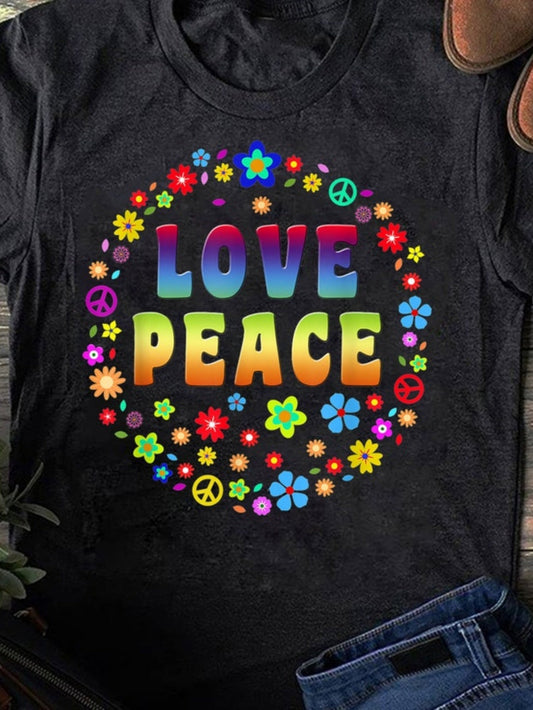 Men's Graphic T-Shirt Love Peace Colorful Flowers And Peace Symbols In Vibrant Circle