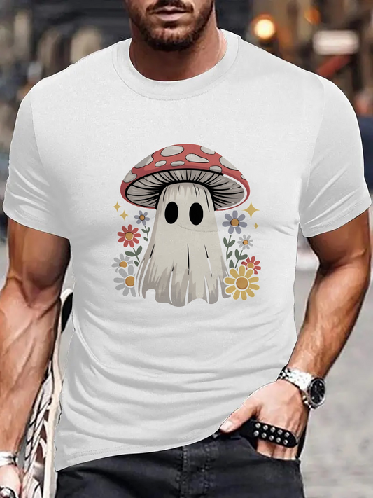 Men's Graphic T-Shirt Whimsical Red Mushroom With Ghost Surrounded By Wildflowers