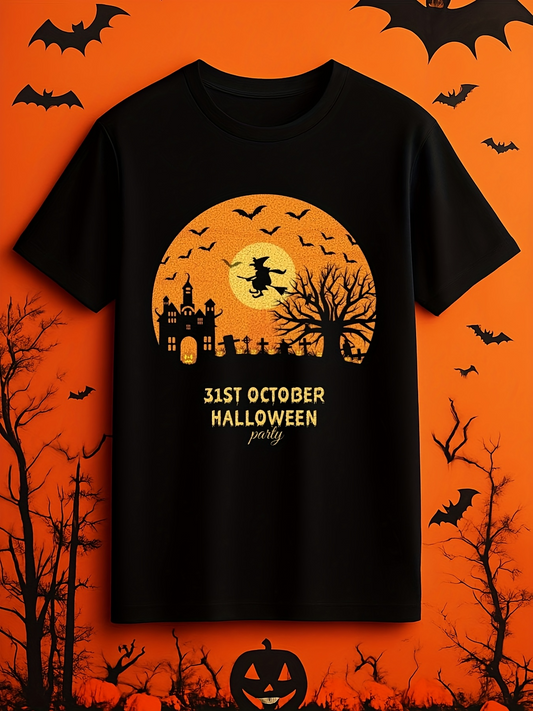 Men's Graphic T-Shirt Halloween Party Night With Bats Castle Trees Glowing Full Moon Witch