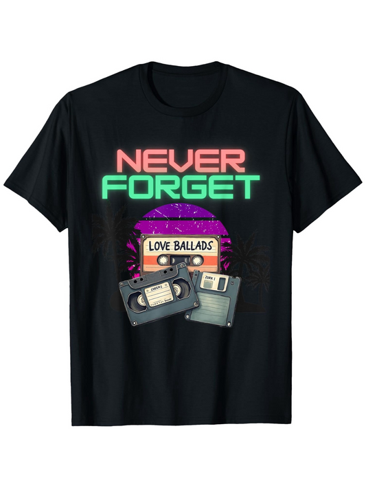 Men's Graphic T-Shirt Never Forget Neon Lettering With Retro Audiotape Cassette Vhs Memories