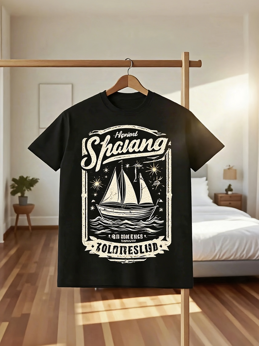 Men's Graphic T-Shirt Majestic Night Sailboat On Wavy Sea With Stars And Decorative Frame Sailboat