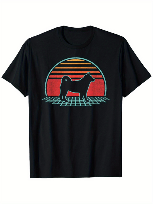 Men's Graphic T-Shirt Retro Sunset Horizon With Gridlines Behind Standing Dog