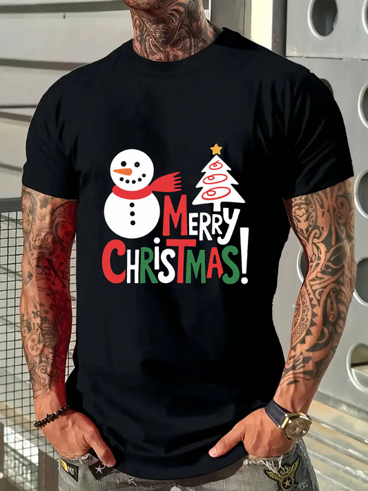 Men's Graphic T-Shirt Merry Christmas With Playful Snowman Beside Festive Decorated Christmas Tree