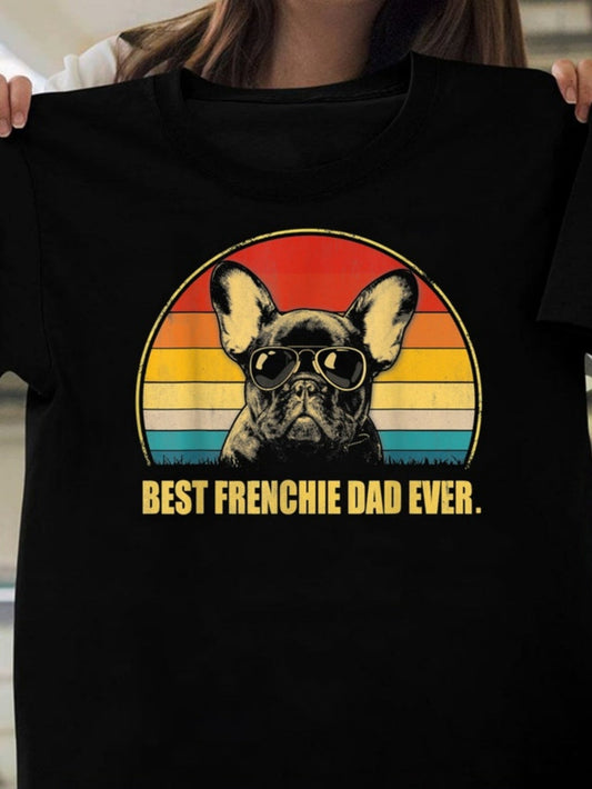 Men's Graphic T-Shirt Best Frenchie Dad Ever French Bulldog With Sunglasses Against Retro Sunset Background