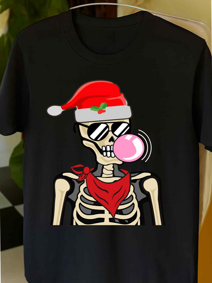 Men's Graphic T-Shirt Christmas Skeleton With Sunglasses Blowing Pink Bubblegum
