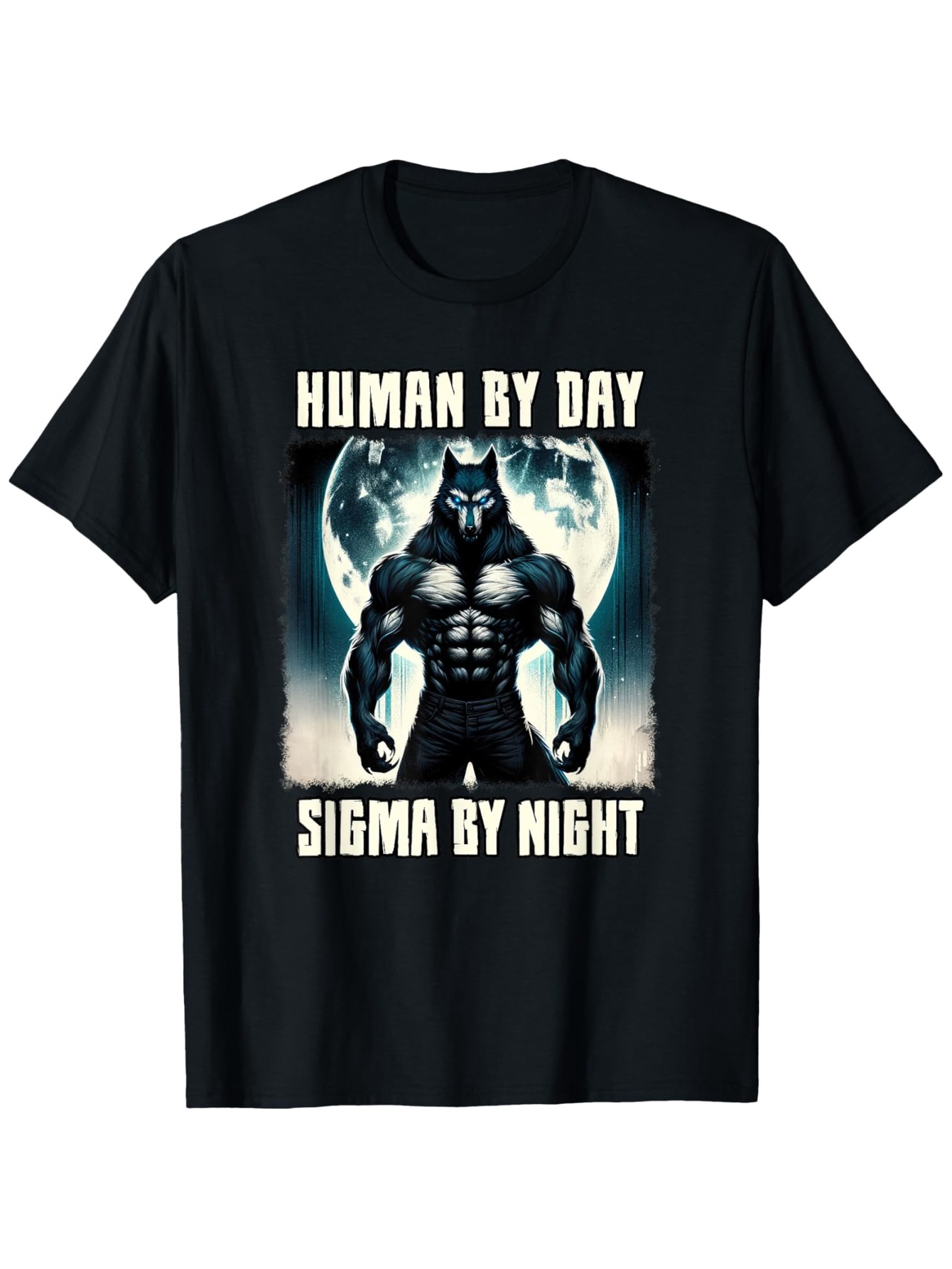 Men's Graphic T-Shirt Human By Day Sigma By Night Shaded Moonlit Muscular Figure With Wolf Mask
