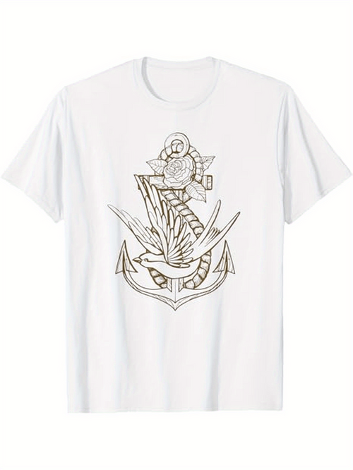 Men's Graphic T-Shirt Detailed Nautical Anchor With Soaring Bird And Ship Wheel Tattoo Anchor