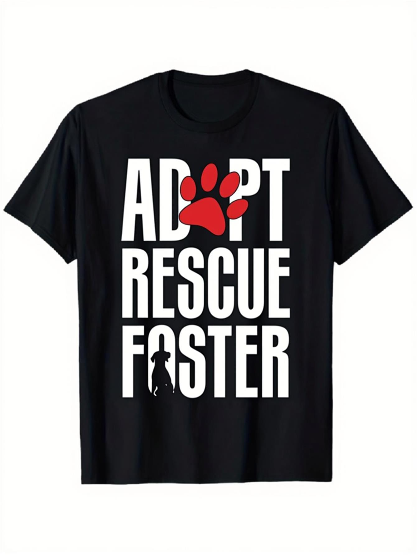 Men's Graphic T-Shirt Adopt Rescue Foster Bold White Letters With Red Pawprint And Silhouette Cat