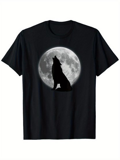Men's Graphic T-Shirt Night Sky With Glowing Moon And Howling Wolf Silhouette Under Darkness Wolf
