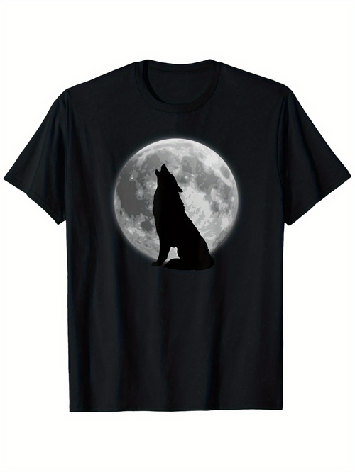 Men's Graphic T-Shirt Night Sky With Glowing Moon And Howling Wolf Silhouette Under Darkness Wolf