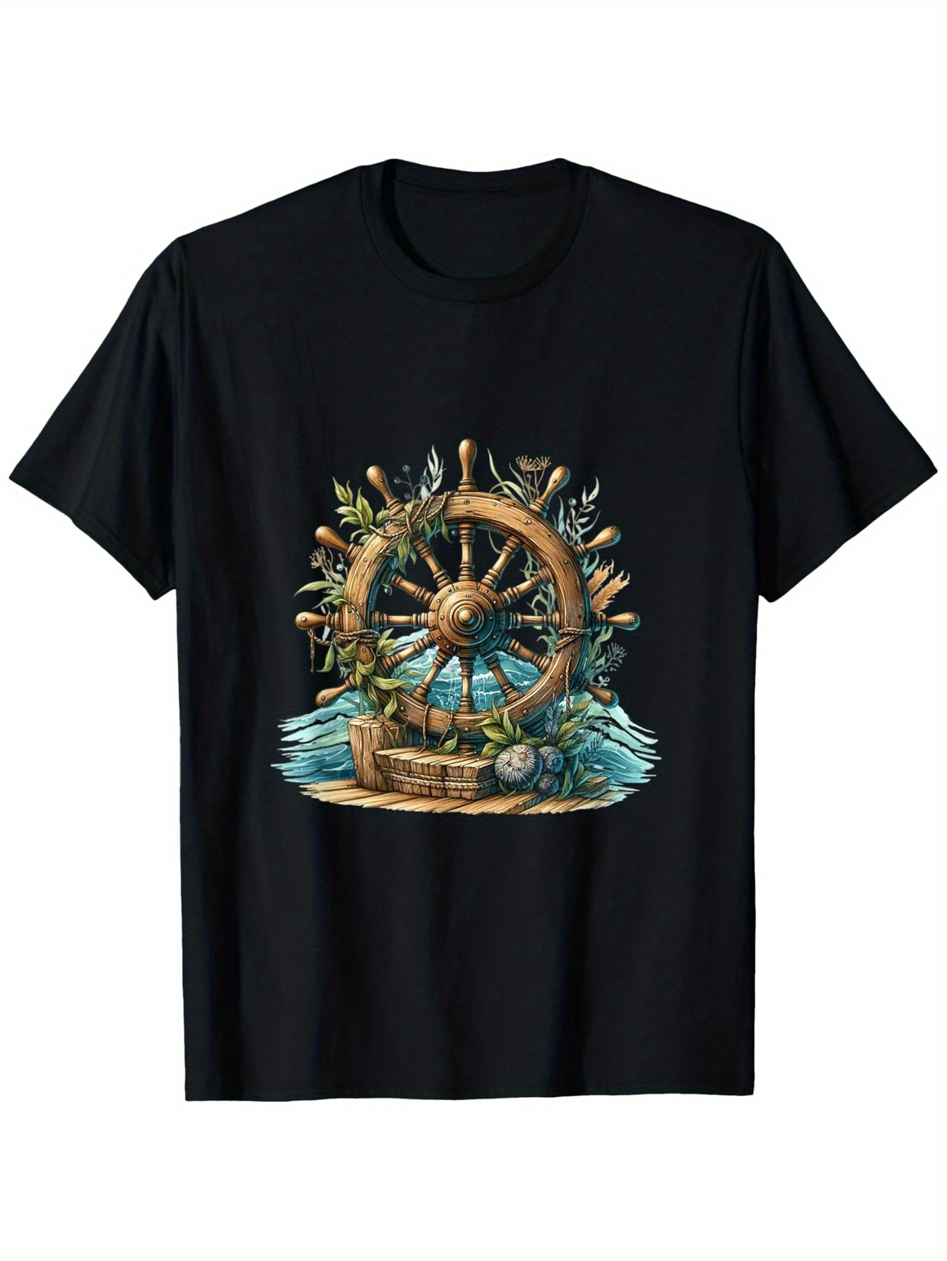Men's Graphic T-Shirt Ocean Breeze Waves With Seashells Palms And Rustic Ship Wheel