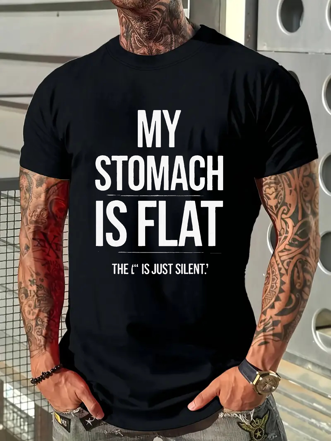 Men's Graphic T-Shirt My Stomach Is Flat The C Is Just Silent Bold White Text Statement T Shirt