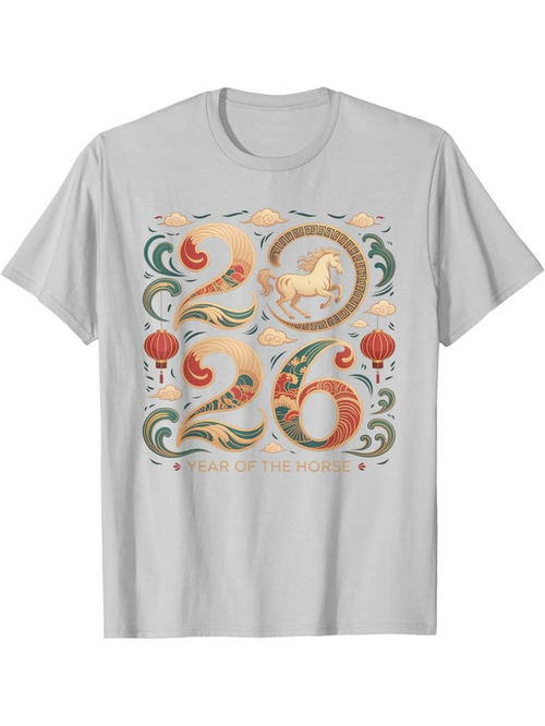 Men's Graphic T-Shirt 2026 Lunar Pattern With Decorative Lanterns And Leaping Horse