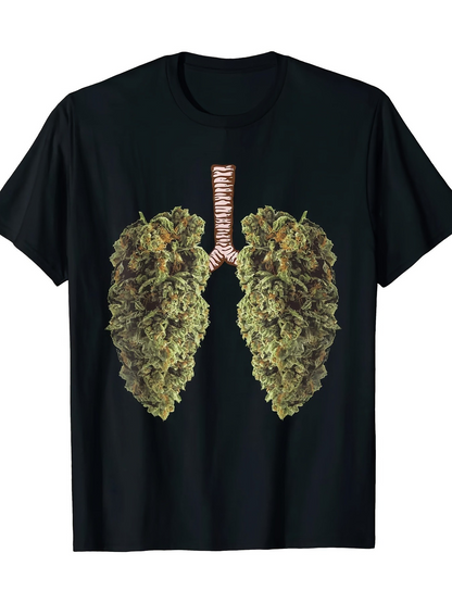Men's Graphic T-Shirt Lifelike Green Herb Clusters Depicting Anatomical Human Lungs On Black T Shirt